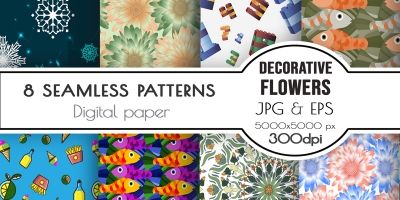 Seamless patterns - Flowers Food Snowflakes Fish